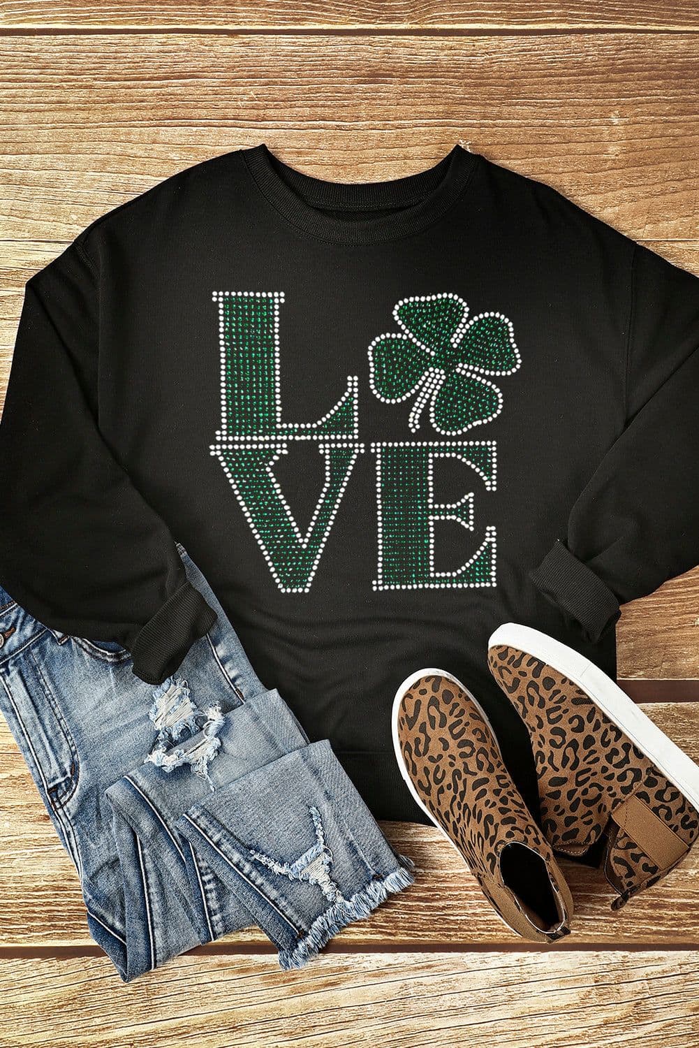 image-Black Rhinestone St. Patrick's Clover Pullover Sweatshirt - Holiday Wear