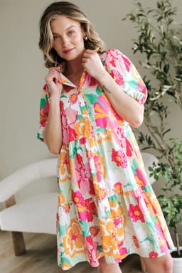 image-Pink Floral Puff Sleeve Collar Buttoned Babydoll Dress