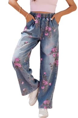image-Blue Floral Print Elastic Waist Casual Jeans (50 characters)