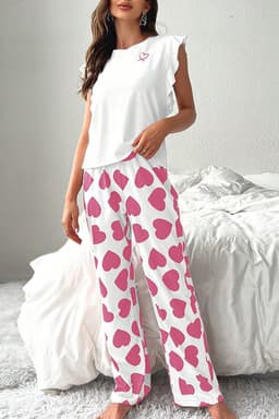 image-Pink Ruffled Tank Top And Heart Print Pants Lounge Set