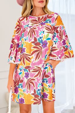 image-Pink Floral Lace Trim Bell Sleeve Tie Back Mini Dress