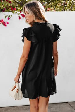 image-Black Ruffle Sleeve V Neck Frilled Shift Dress
