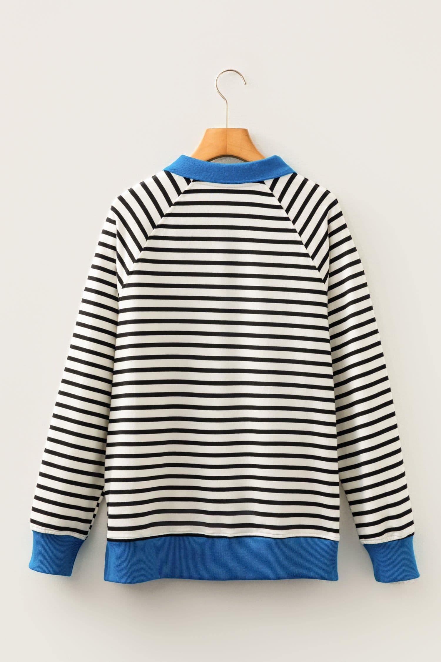 image-Black Stripe Color Block Patchwork Button Polo Collar Side Slit Sweatshirt
