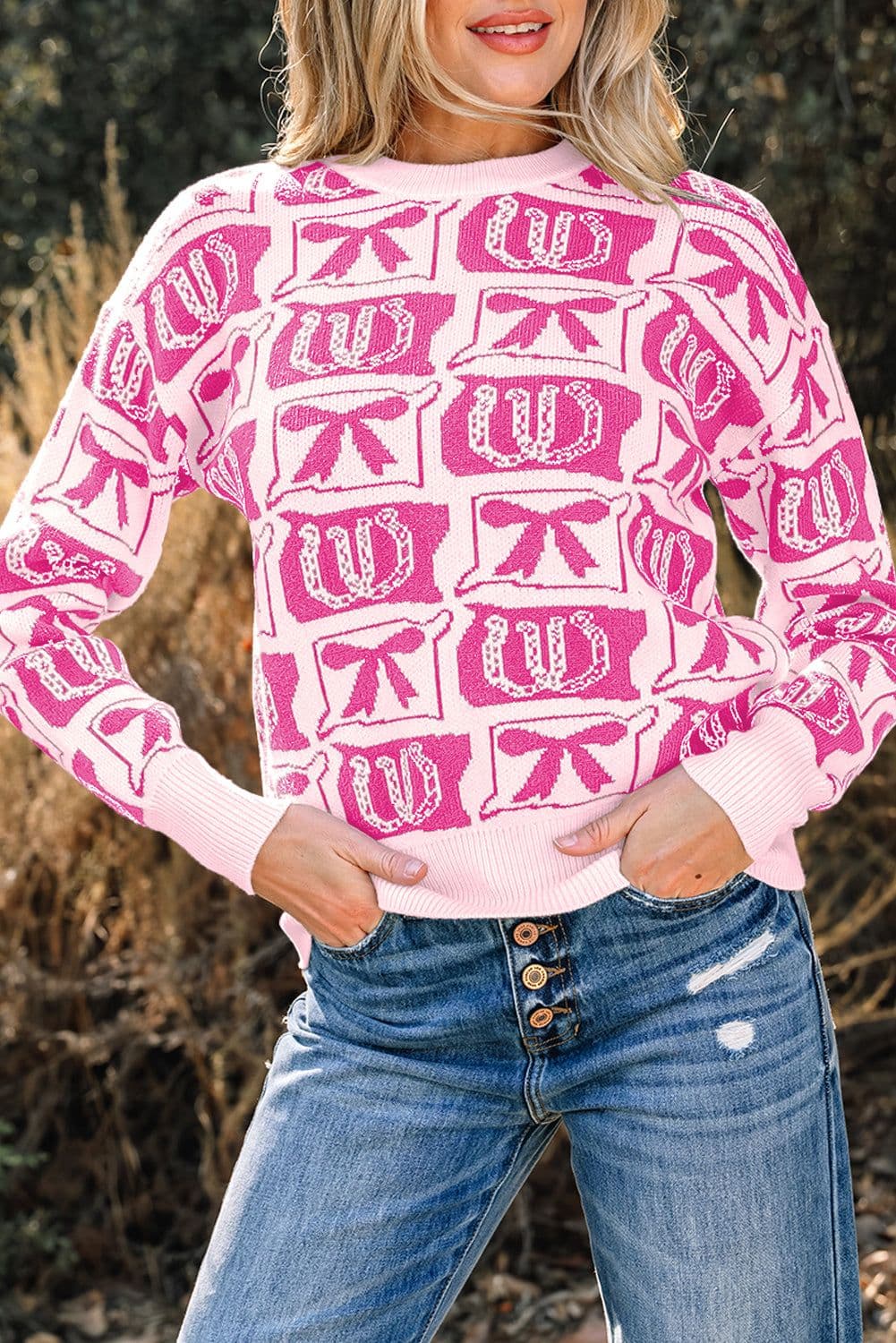 image-Pink Bows & Horseshoes Western Sweater
