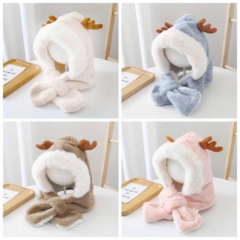 image-Cute Deer Hat Women Plush Rabbit Ear Funny Lolita Sweet Kawaii Winter Fluffy Fleece Warm Hat Plush Winter Thickened Cute Antlers Baby Hat With Scarf For 5-10 Y Children