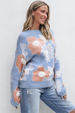 image-Beau Blue Floral O-Neck Drop Shoulder Sweater