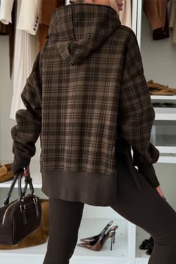 image-Beige Plaid Patchwork Hoodie Side Slit