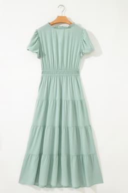 image-Bright Green V Neck Puff Sleeve High Waist Tiered Maxi