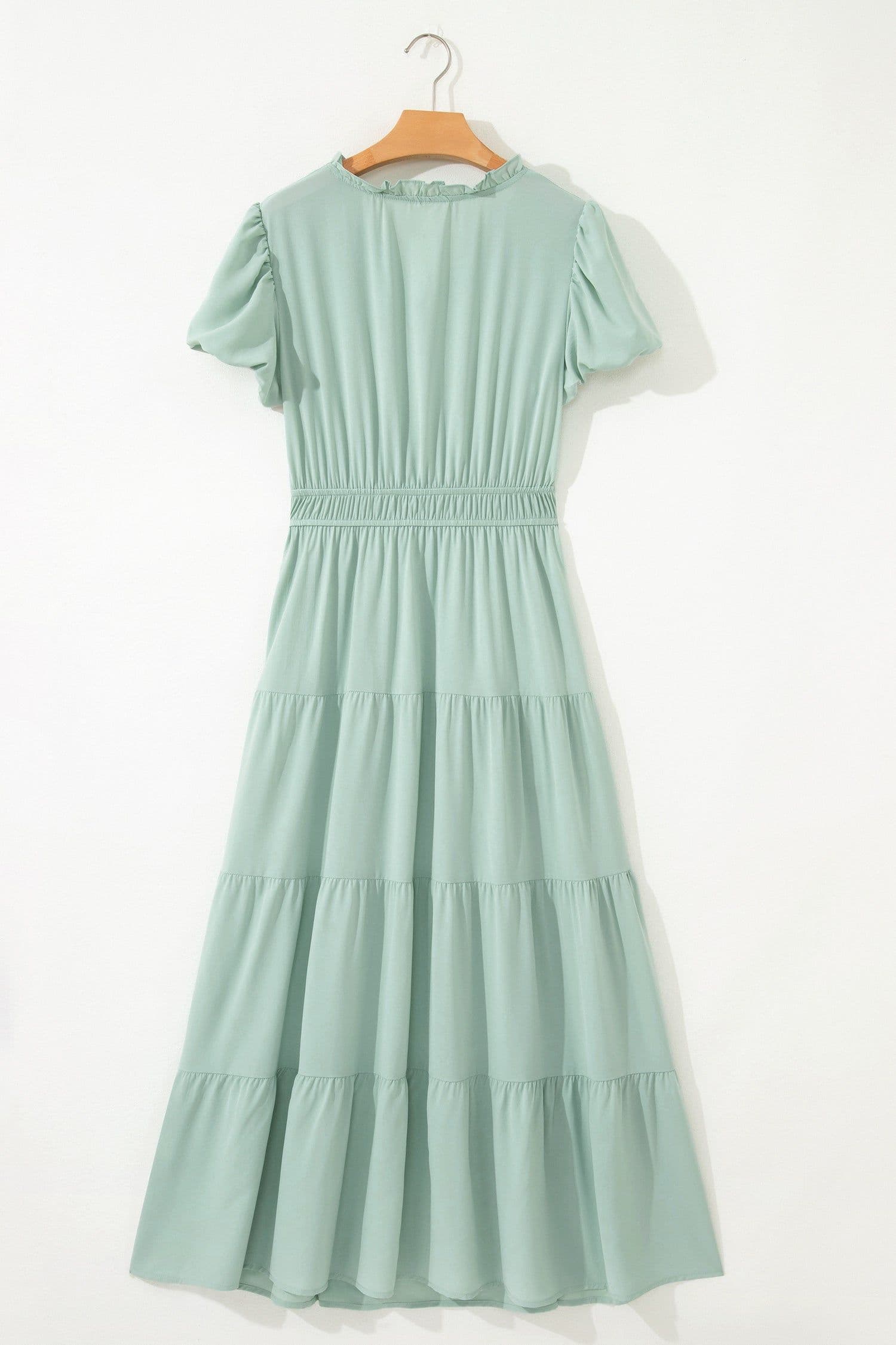 image-Bright Green V Neck Puff Sleeve High Waist Tiered Maxi