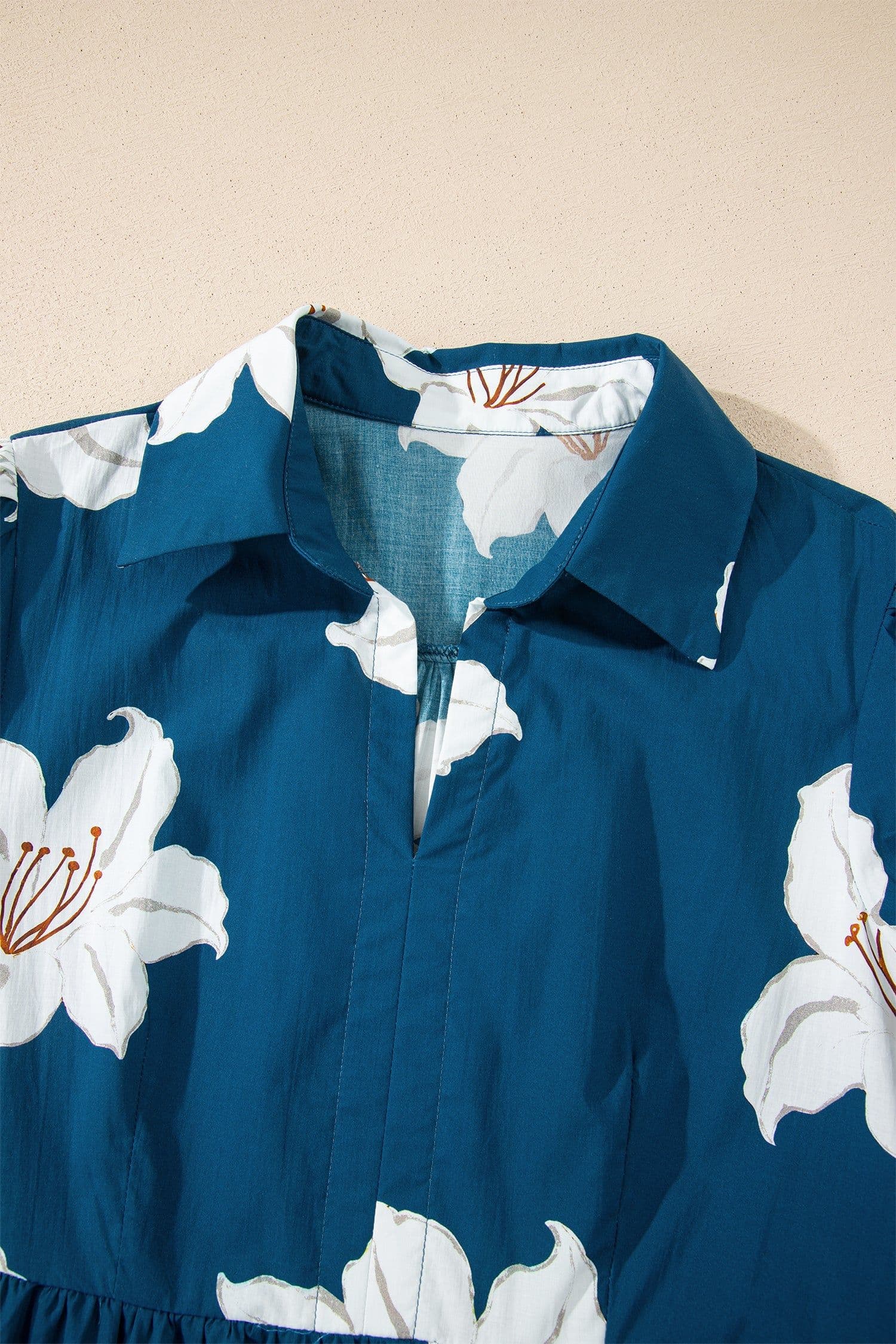 image-Blue Floral Print Shirt Collar V Neck 3/4 Sleeve Shift Midi Dress