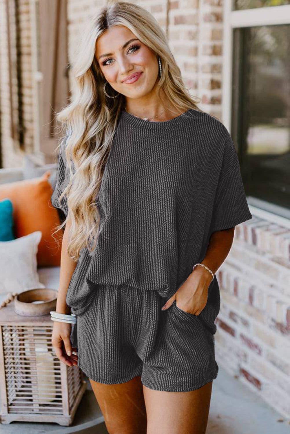 image-Phalaenopsis Ribbed Textured Knit Loose Fit Tee and Shorts Set