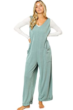 image-Moonlight Jade V Neck Wide Leg Jumpsuit - Corded Tie Straps