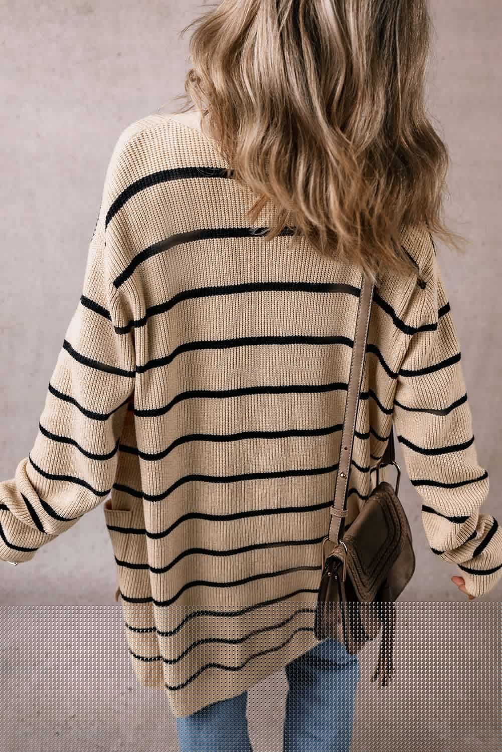 image-Black Stripe Shawl Neckline Open Cardigan with Pockets