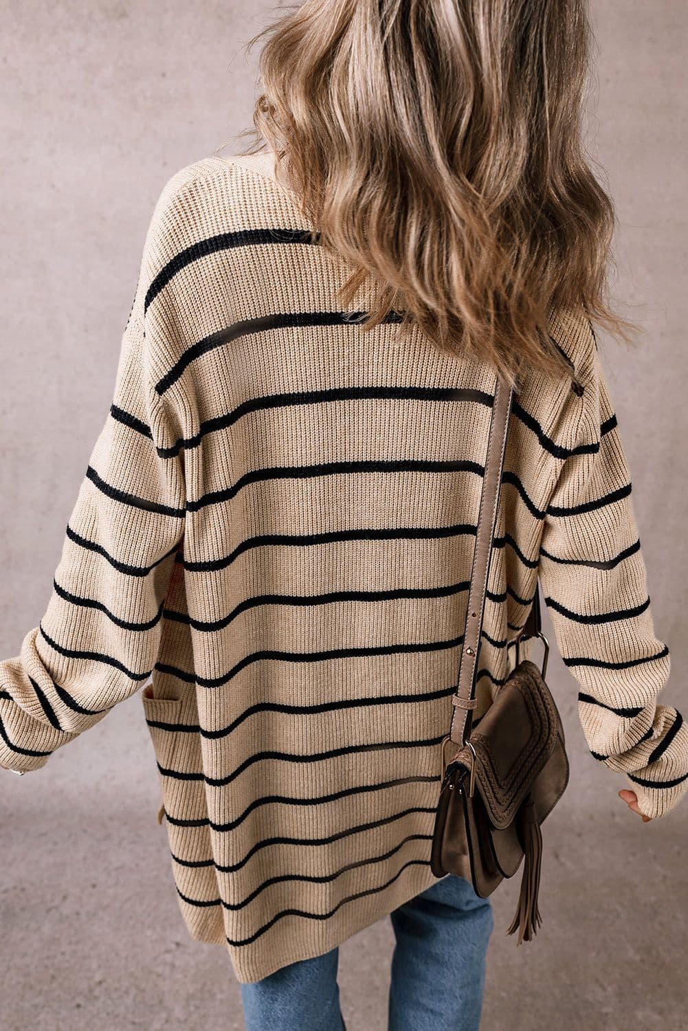 image-Black Stripe Shawl Neckline Open Cardigan with Pockets