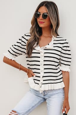 image-Stripped Beige Stripe Knit Short Sleeve Sweater Cardigan