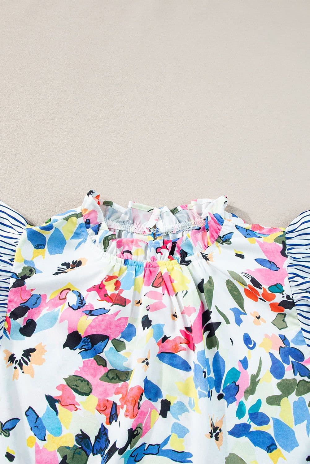 image-Light Blue Floral Print Blouse - Striped Ruffled Sleeves