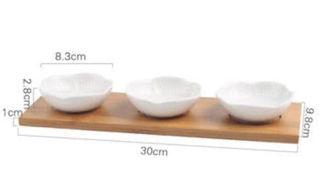 image-Ceramic Divided Serving Dish with Wooden Tray - Porcelain Bowl