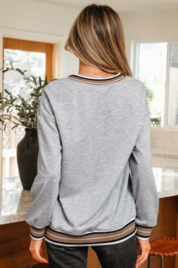 image-Gray Varsity Contrast Striped Trim V Neck Sweatshirt