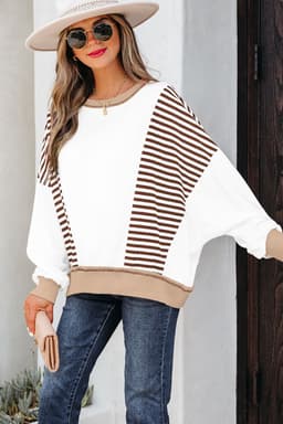image-Brown Stripe Colorblock Patchwork Sweatshirt Oversized