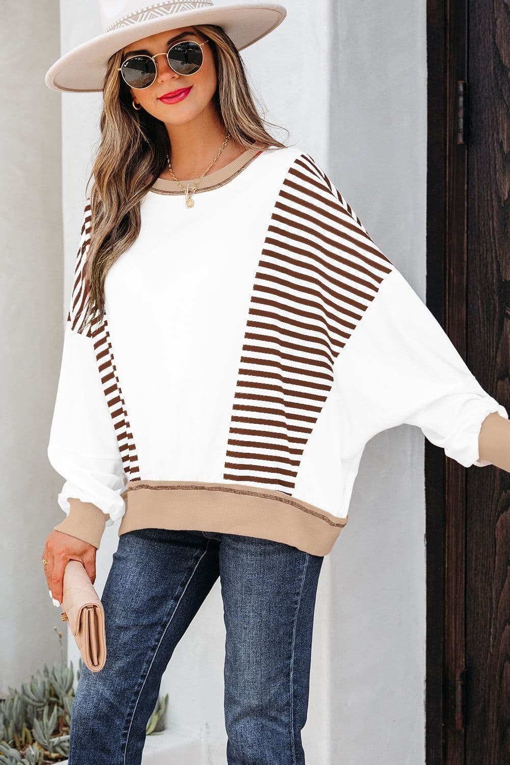 image-Brown Stripe Colorblock Patchwork Sweatshirt Oversized