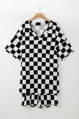 image-Plus Size Black Checkered Tee and Shorts Set - Two Piece