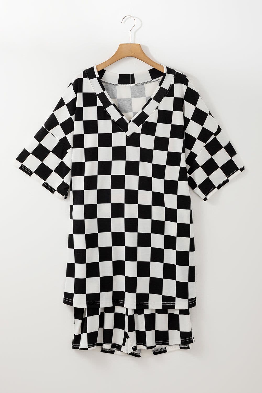 image-Plus Size Black Checkered Tee and Shorts Set - Two Piece