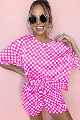 image-Black Checkered 2-Piece Set - Loose Tee and Shorts Casual Outfits