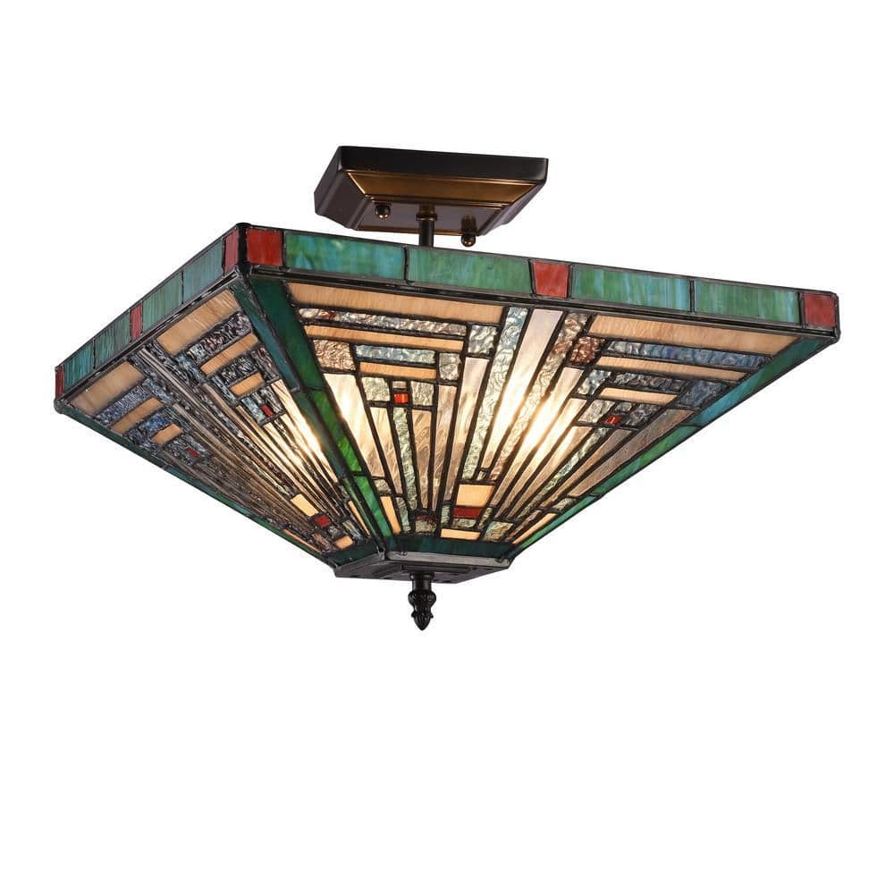 image-CHLOE Lighting INNES Tiffany-style Blackish Bronze 2 Light Mission Ceiling Fixture 14" Wide