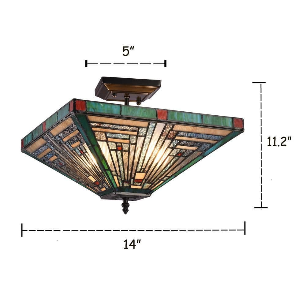image-CHLOE Lighting INNES Tiffany-style Blackish Bronze 2 Light Mission Ceiling Fixture 14" Wide