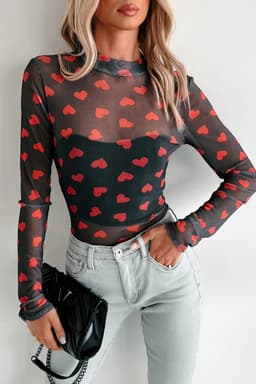 image-Black Valentines Heart Printed Sheer Mesh Long Sleeve Top