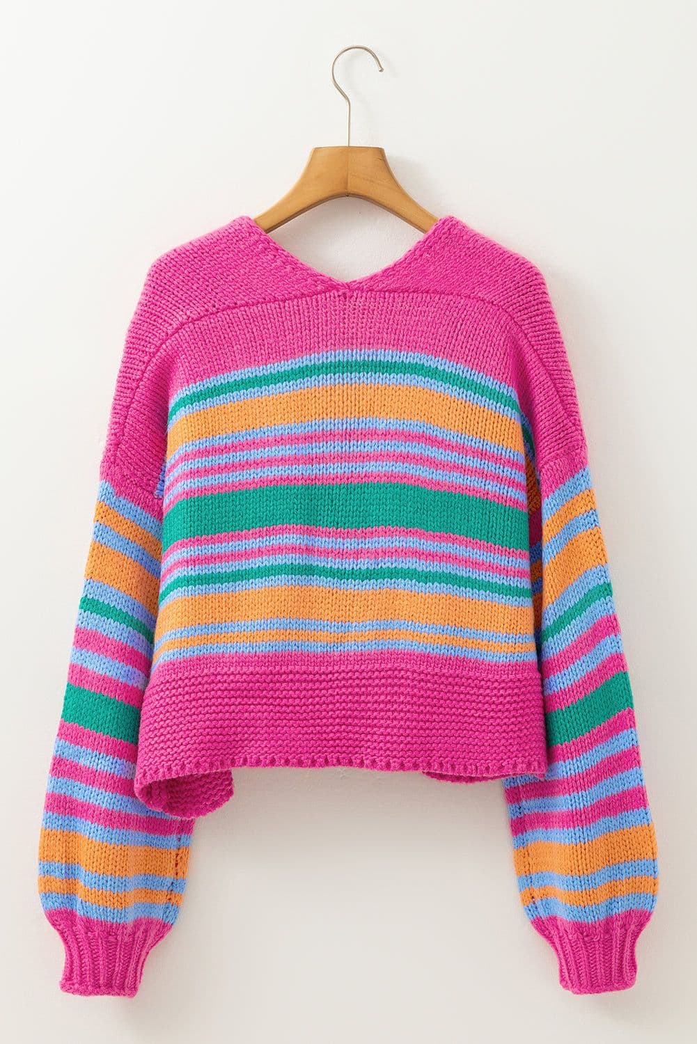 image-Rose Stripe Colorful Puff Sleeve Drop Shoulder Loose Cardigan