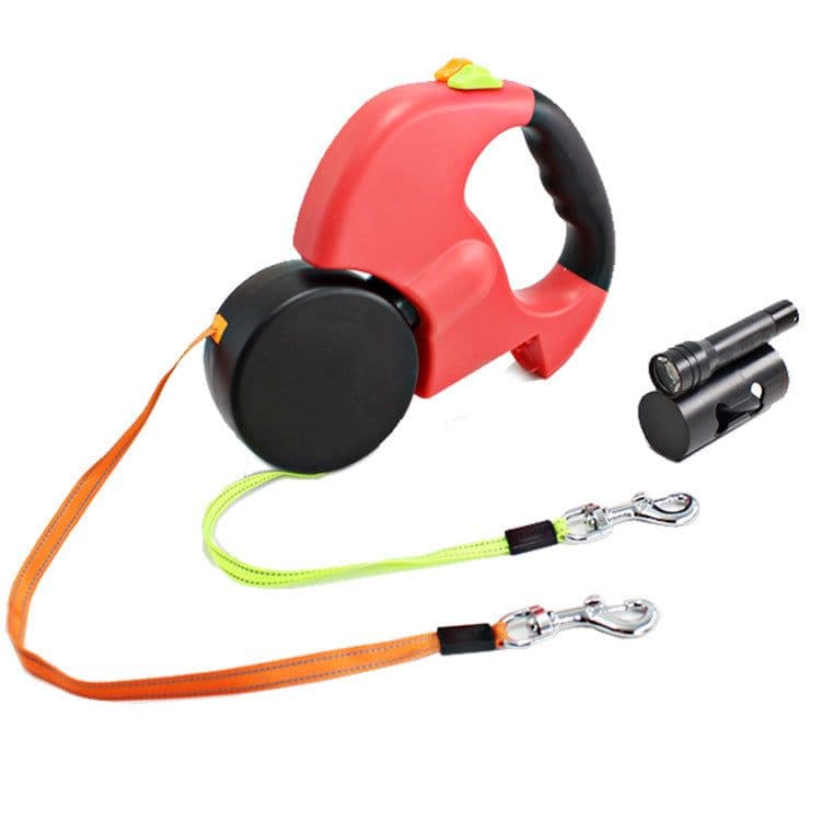 image-Dual Headed Pet Leashes with Flashlight Garbage Bag Box Automatic Retractable Dogs Traction Rope