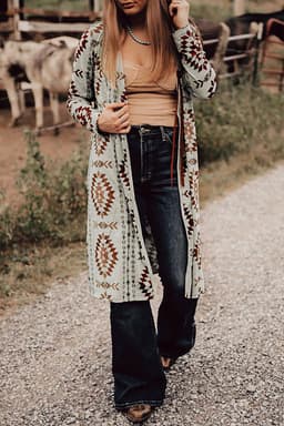 image-Sky Blue Western Aztec Cardigan - Open Front Long