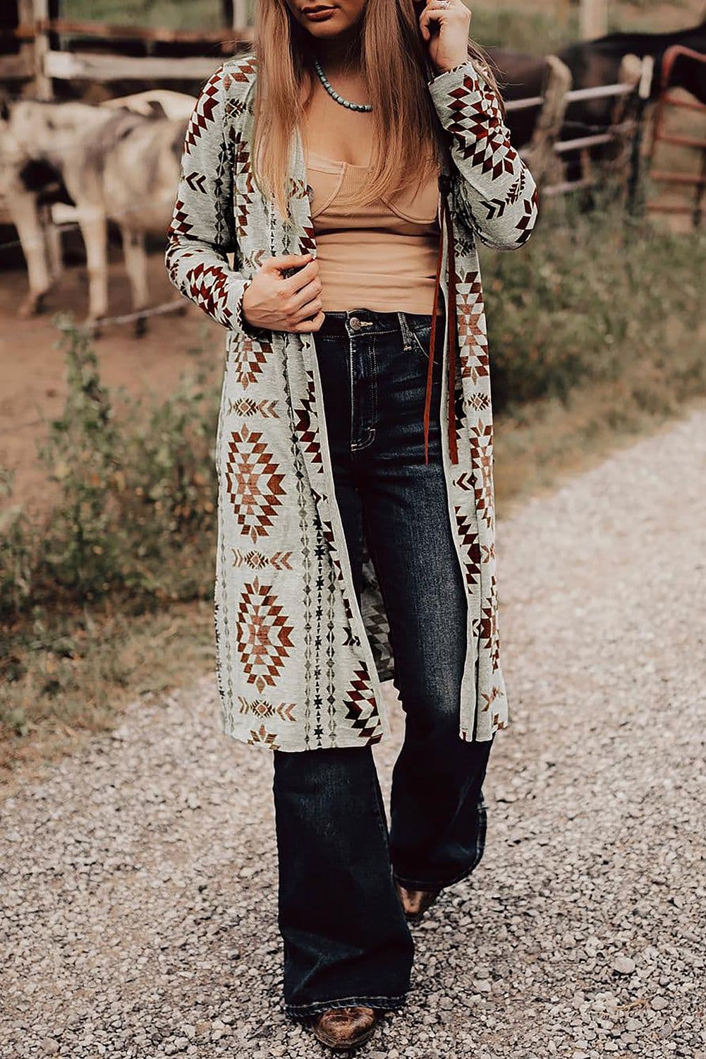 image-Sky Blue Western Aztec Cardigan - Open Front Long