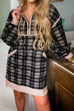 image-Black Plaid Polo Collar Zip up Contrast Trim Shift Long Sleeve Mini Dress