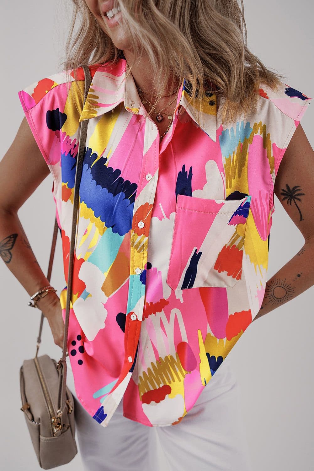 image-Multicolour Abstract Print Collared Cap Sleeve Shirt