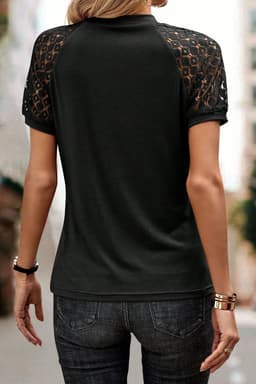 image-Khaki Contrast Lace Raglan Sleeve Tee - Casual Short Sleeve Top
