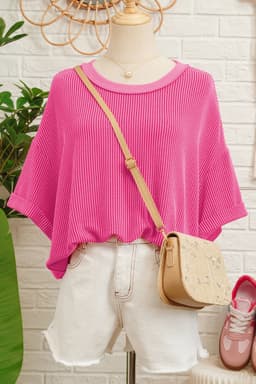 image-Rose Red Spiral Ribbed Cutout Bow Knot Back Oversize T Shirt