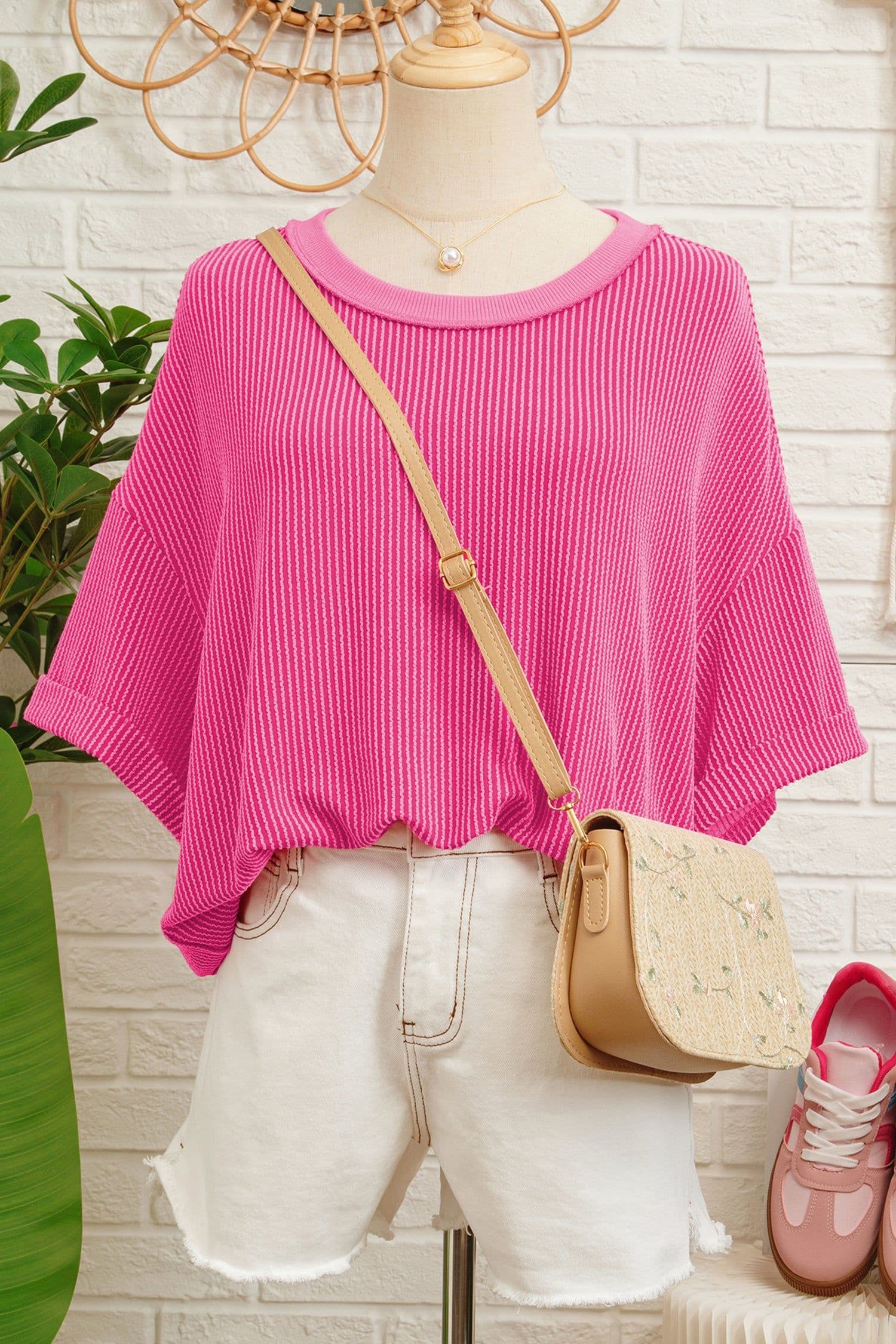 image-Rose Red Spiral Ribbed Cutout Bow Knot Back Oversize T Shirt