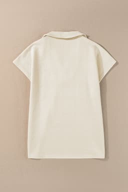 image-White Textured V Neck Collared Short Sleeve Top