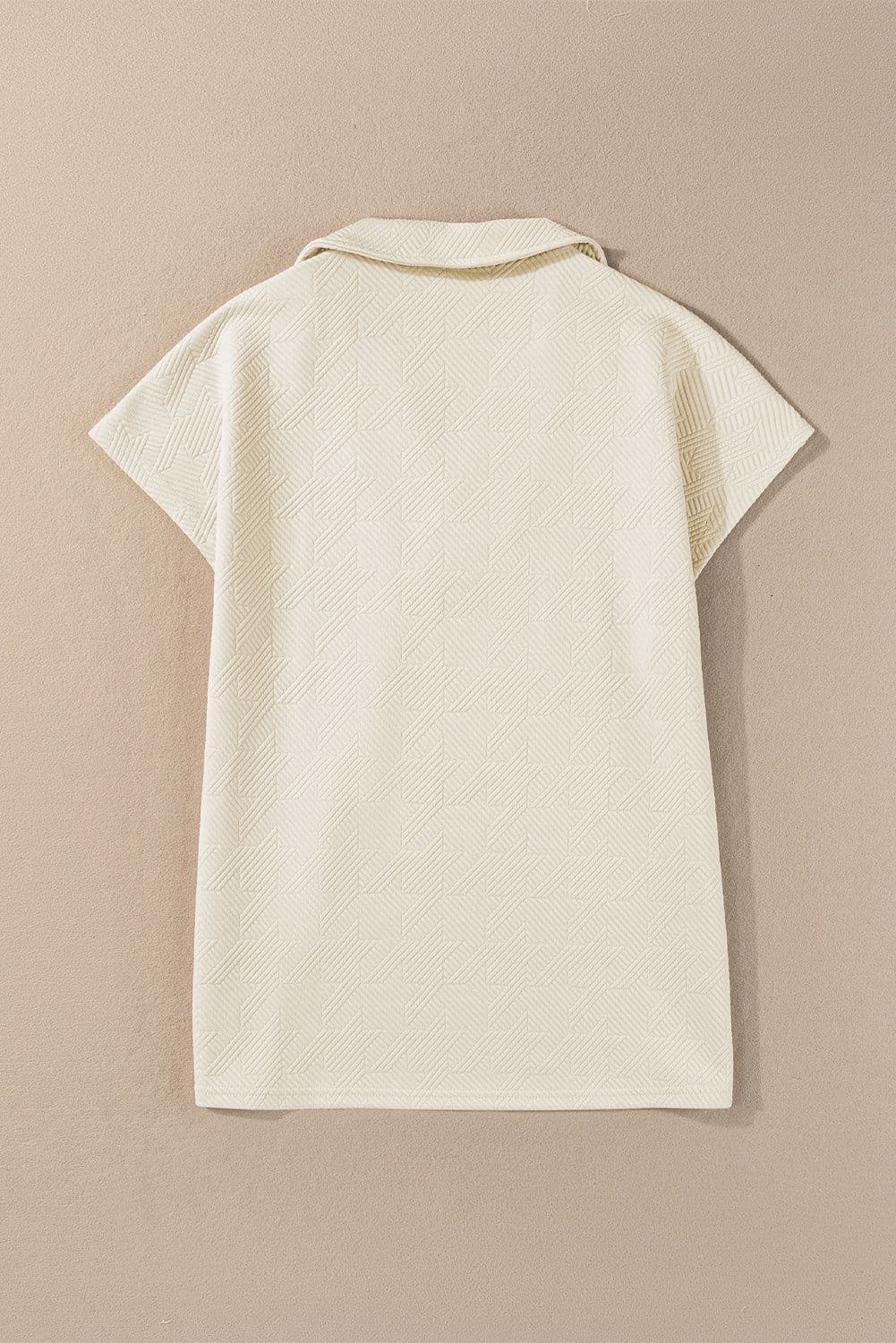 image-White Textured V Neck Collared Short Sleeve Top