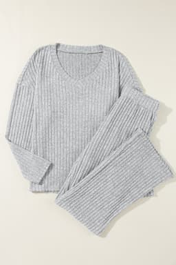 image-Ribbed Knit V Neck Slouchy Two-Piece Outfit - Khaki Modern Chic
