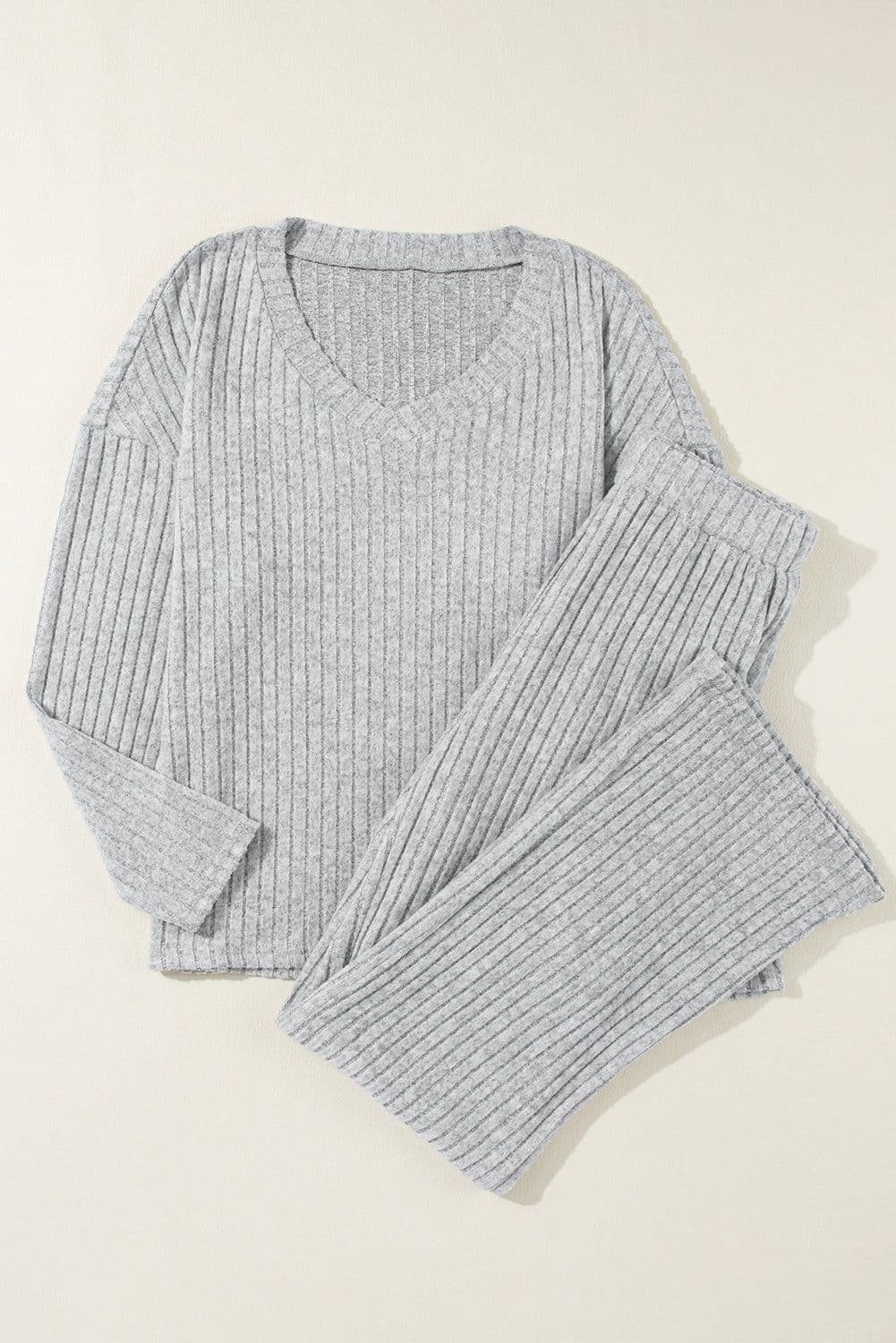 image-Ribbed Knit V Neck Slouchy Two-Piece Outfit - Khaki Modern Chic
