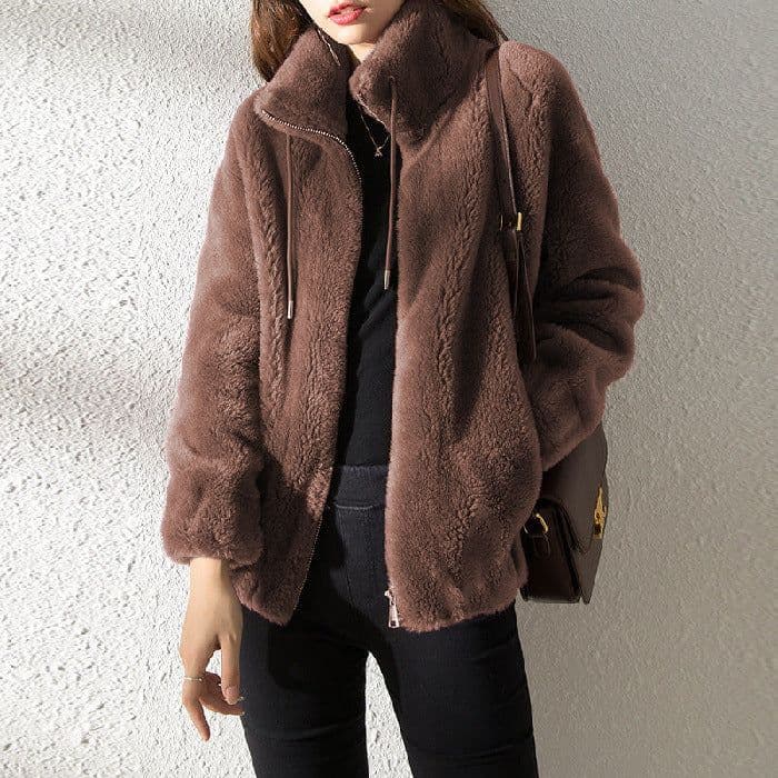 image-Double Faced Fleece Warm High Neck Sweater Women Cardigan