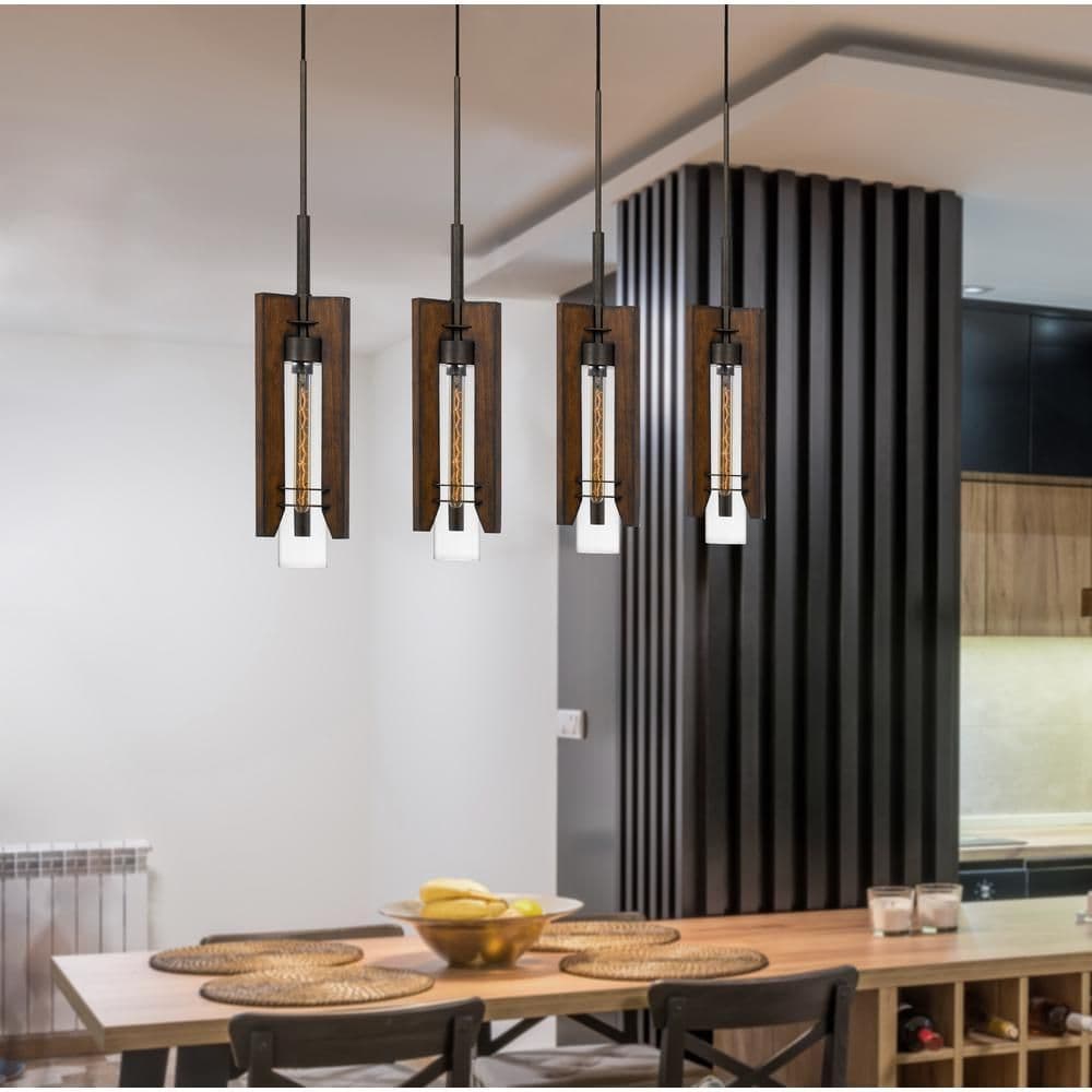 image-60W X 3 Almeria Wood/Glass 4 Light Pendant Fixture (Edison Bulbs Not Included)