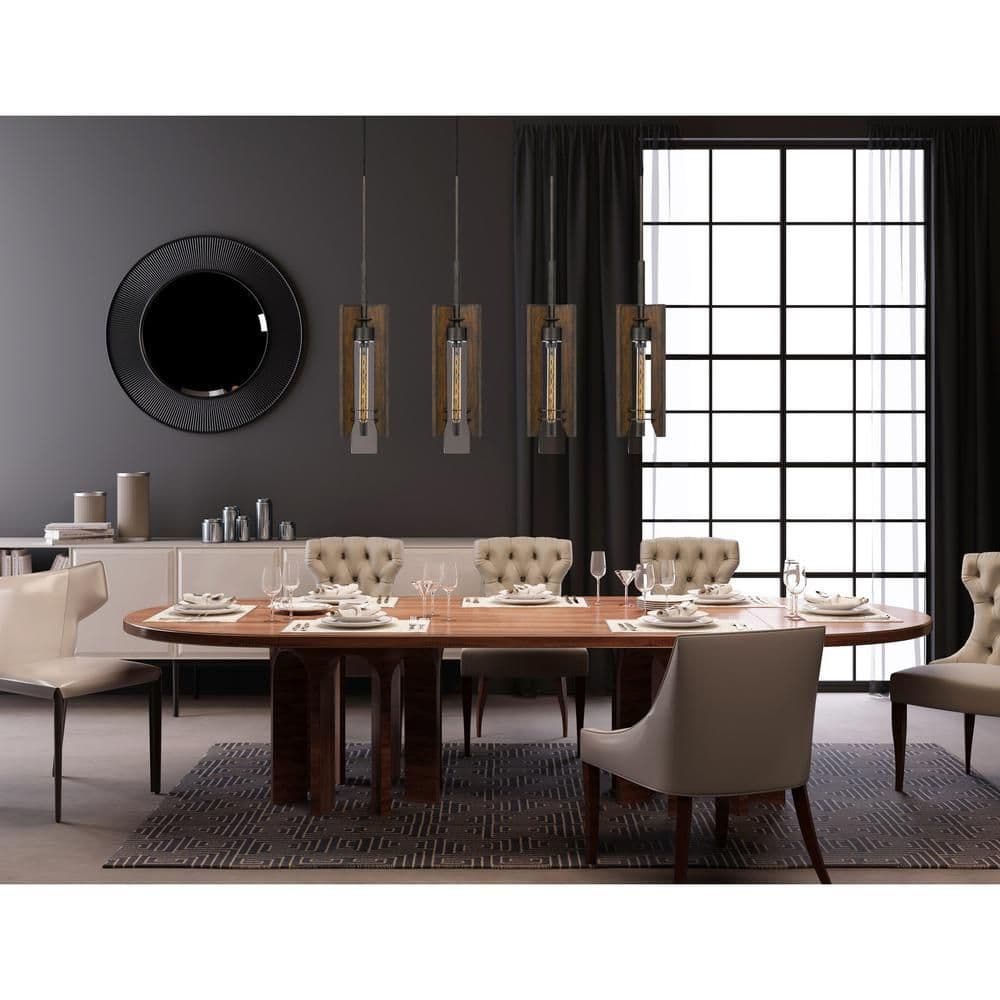 image-60W X 3 Almeria Wood/Glass 4 Light Pendant Fixture (Edison Bulbs Not Included)