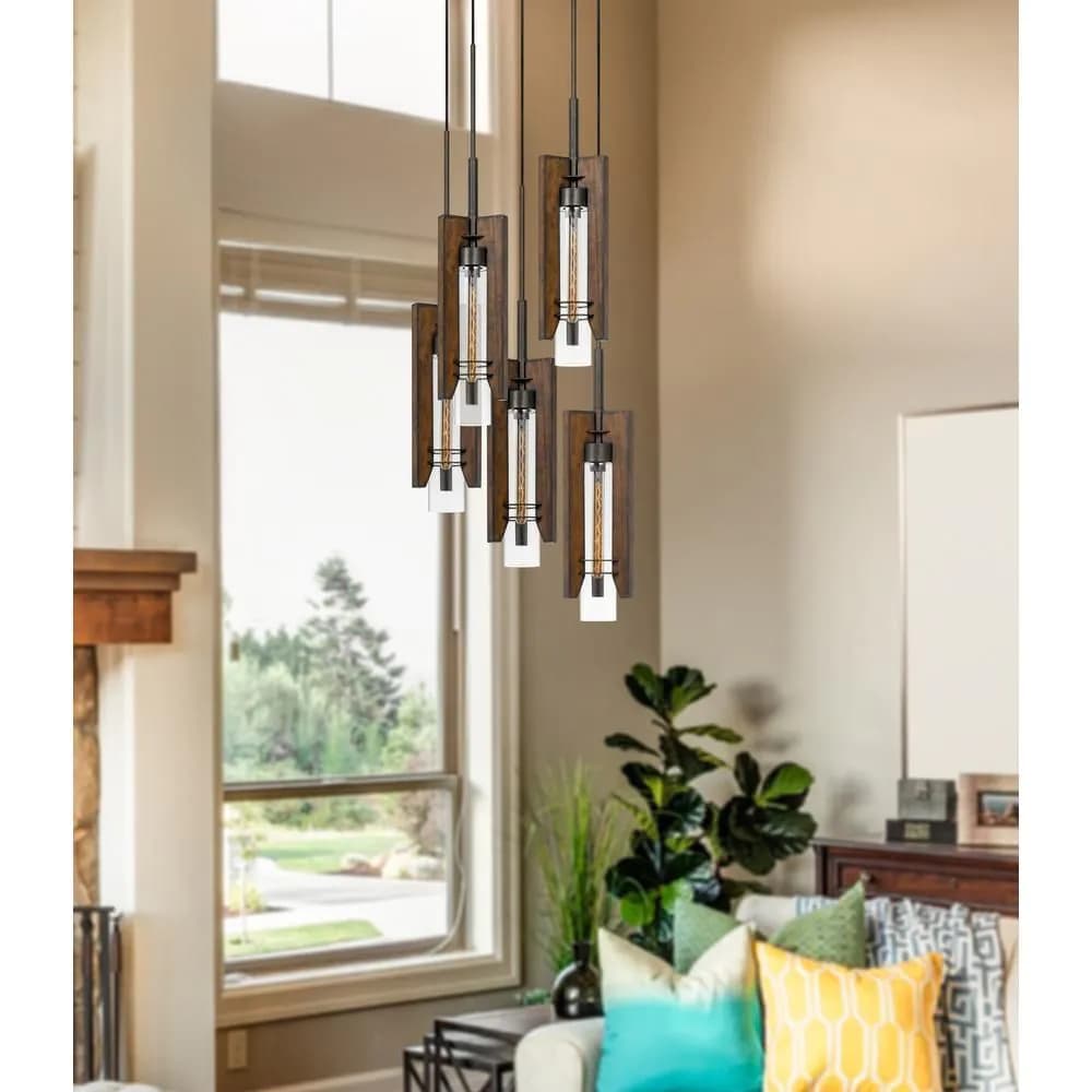 image-60W X 3 Almeria Wood/Glass 4 Light Pendant Fixture (Edison Bulbs Not Included)