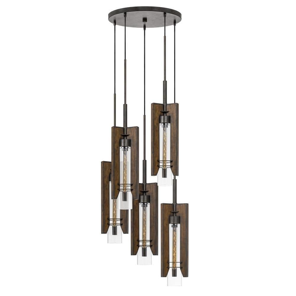 image-60W X 3 Almeria Wood/Glass 4 Light Pendant Fixture (Edison Bulbs Not Included)