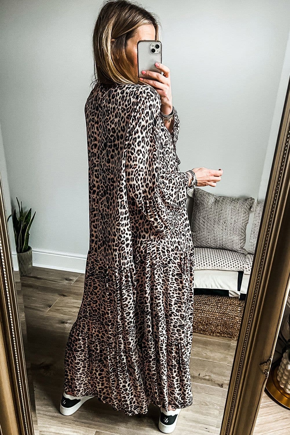 image-Leopard Print Tiered Maxi Dress - Wide Sleeves - Elegant & Stylish - Sizes S-XL