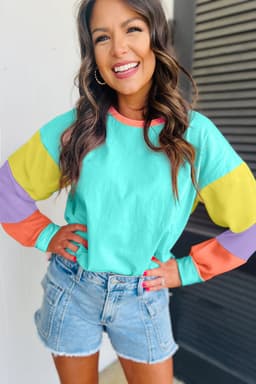 image-Dark Blue Colorblock Patchwork Long Sleeve Loose Top
